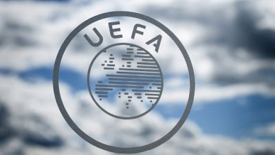 Logo de l'UEFA, au siège de Nyon, le 13 avril 2018