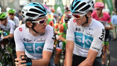 Geraint Thomas (g) et Chris Froome à Londres le 9 septembre 2018 Geraint Thomas (g) et Chris Froome à Londres le 9 septembre 2018