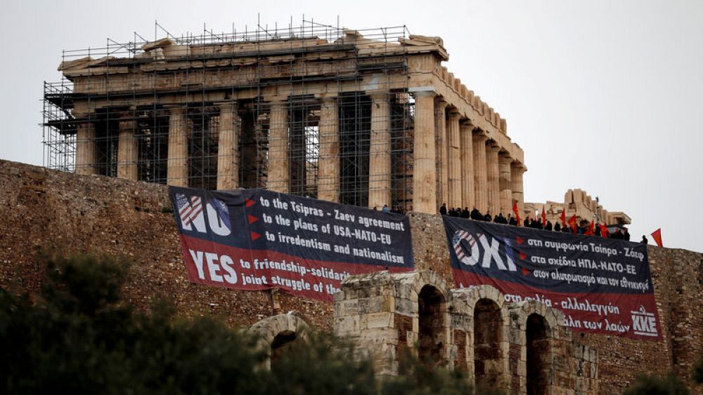 Greek Protesters Drape Banners On Acropolis Opposing Macedonia