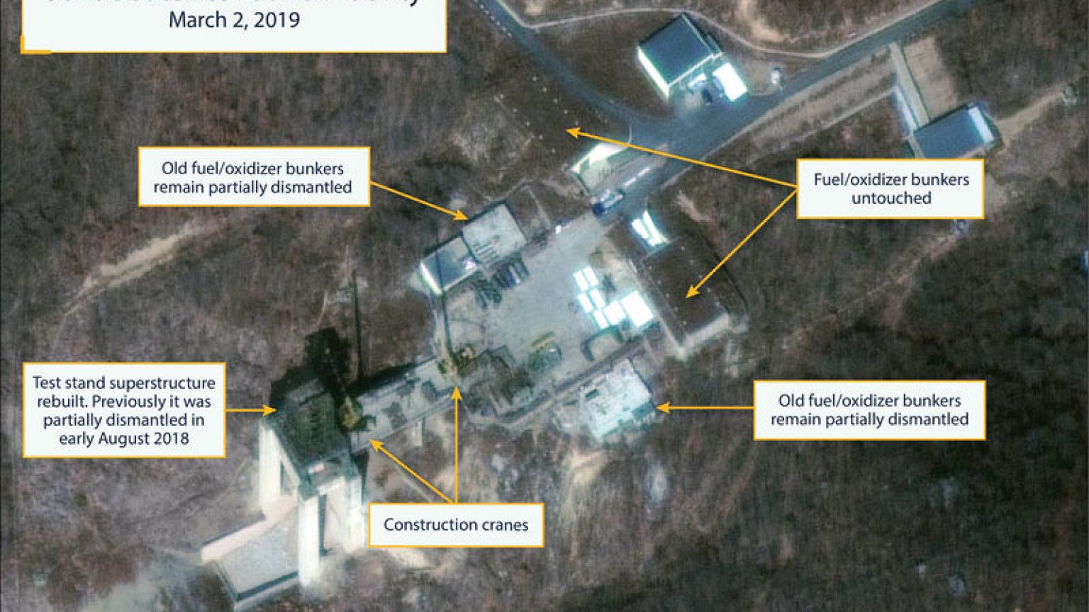North Korea rebuilds part of missile site as Bolton warns of more sanctions