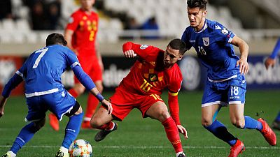Hazard marks milestone with early goal to help Belgium win Hazard marks milestone with early goal to help Belgium win
