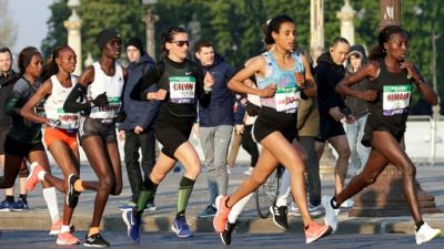 La Française Clémence Calvin lors du marathon de Paris, le 14 avril 2019