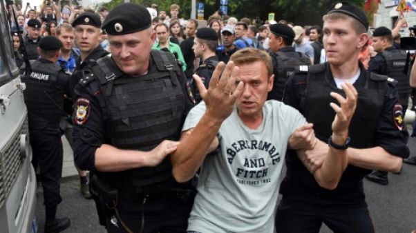 L'opposant russe Alexeï Navalny a été arrêté par la police lors d'une marche à Moscou, le 12 juin 2019, en soutien au journaliste Ivan Golounov L'opposant russe Alexeï Navalny a été arrêté par la police lors d'une marche à Moscou, le 12 juin 2019, en soutien au journaliste Ivan Golounov