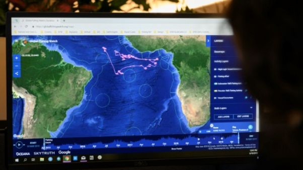 Le site Global Fishing Watch, dans les locaux de l'ONG Oceana à Washington le 10 juin 2019 Le site Global Fishing Watch, dans les locaux de l'ONG Oceana à Washington le 10 juin 2019