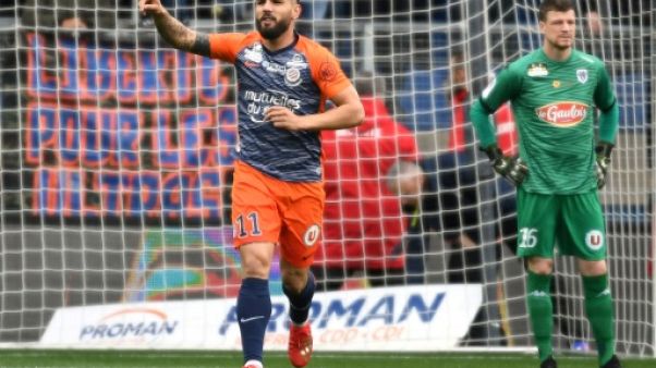 L'attaquant de Montpellier Andy Delort vient de marquer contre Angers en championnat, le 10 mars 2019 à Montpellier L'attaquant de Montpellier Andy Delort vient de marquer contre Angers en championnat, le 10 mars 2019 à Montpellier