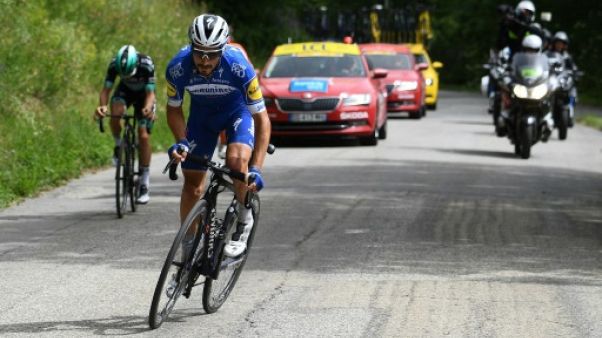 Le coureur de la Quick-Step Julian Alaphilippe en tête d'une échappée sur le Dauphiné, le 14 juin 2019 en direction de Saint-Michel-de-Maurienne Le coureur de la Quick-Step Julian Alaphilippe en tête d'une échappée sur le Dauphiné, le 14 juin 2019 en direction de Saint-Michel-de-Maurienne