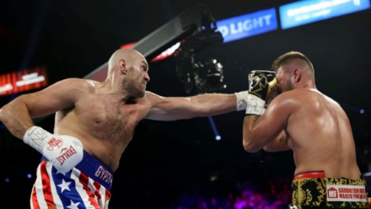 Le Britannique Tyson Fury (g) face à l'Allemand Tom Schwarz, à Las Vegas, le 15 juin 2019 