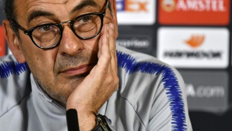 L'Italien Maurizio Sarri alors entraîneur de Chelsea lors d'une conférence de presse le 22 mai 2019