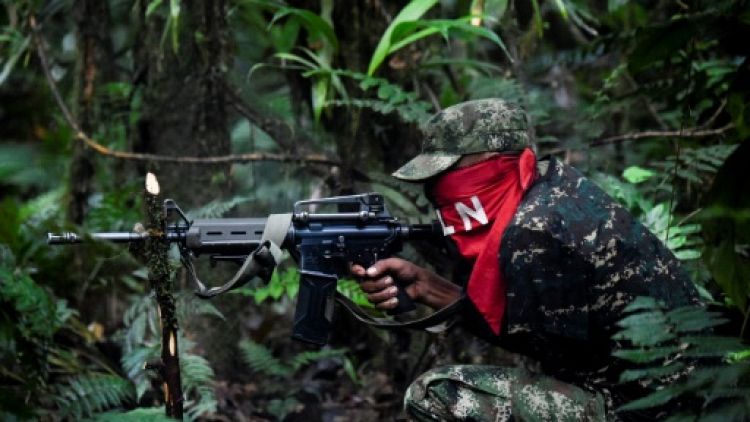 Un membre du front Ernesto Che Guevara appartenant à l'ELN, lors d'un entraînement dans la jungle du Choco, le 26 mai 2019 en Colombie 