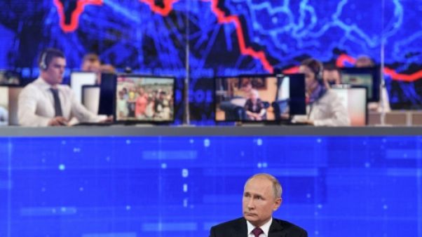 Le président russe Vladimir Poutine lors de de sa traditionnelle session de doléances en direct à la télévision, le 20 juin 2019 à Moscou Le président russe Vladimir Poutine lors de de sa traditionnelle session de doléances en direct à la télévision, le 20 juin 2019 à Moscou