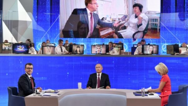 Le président russe Vladimir Poutine lors de de sa traditionnelle session de doléances en direct à la télévision, le 20 juin 2019 à Moscou Le président russe Vladimir Poutine lors de de sa traditionnelle session de doléances en direct à la télévision, le 20 juin 2019 à Moscou