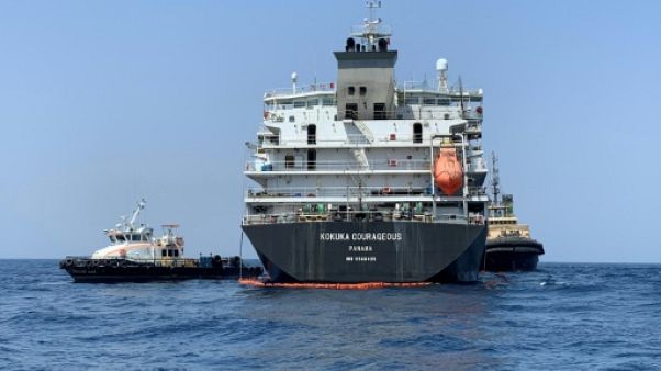 Photo du tanker japonais Kokuka Courageous, prise lors d'un tour organisé par la Marine américaine (NAVCENT) le 19 juin 2019 Photo du tanker japonais Kokuka Courageous, prise lors d'un tour organisé par la Marine américaine (NAVCENT) le 19 juin 2019