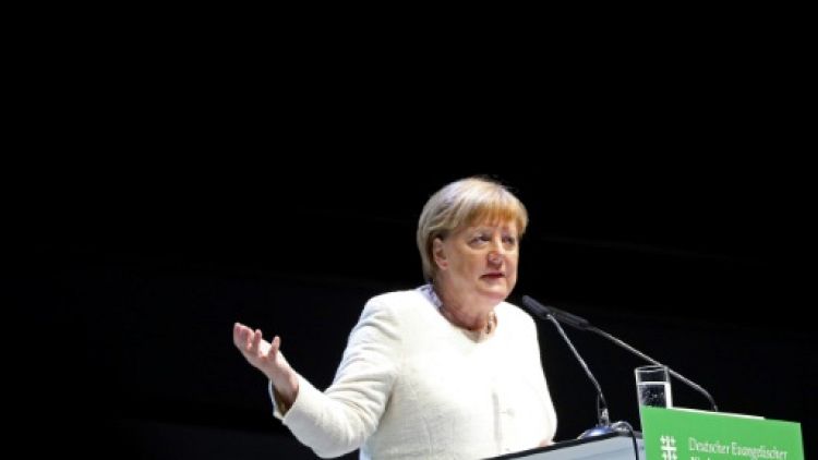 Angela Merkel prononce un discours à Dortmund pour la Journée allemande de l'Eglise protestante, le 22 juin 2019