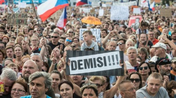 Des manifestants demandent la démission du Premier ministre Andrej Babis, à Prague le 23 juin 2019 Des manifestants demandent la démission du Premier ministre Andrej Babis, à Prague le 23 juin 2019