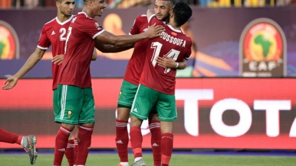 Les Marocains vainqueurs de la Namibie sur un but contre son camp, lors de leur entrée dans la CAN, le 23 juin 2019 au stade Al Salam du Caire Les Marocains vainqueurs de la Namibie sur un but contre son camp, lors de leur entrée dans la CAN, le 23 juin 2019 au stade Al Salam du Caire
