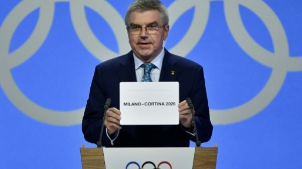 Le président du CIO Thomas Bach lors de l'annonce de l'attribution des JO d'hiver 2026 à Milan/Cortina d'Ampezzo le 24 juin 2019 Le président du CIO Thomas Bach lors de l'annonce de l'attribution des JO d'hiver 2026 à Milan/Cortina d'Ampezzo le 24 juin 2019