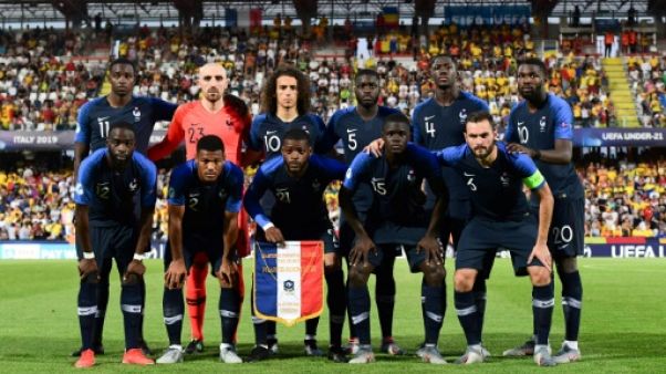 L'équipe de France des -21 ans lors du match nul 0-0 face à l'Espagne à Cesena le 24 juin 2019 L'équipe de France des -21 ans lors du match nul 0-0 face à l'Espagne à Cesena le 24 juin 2019
