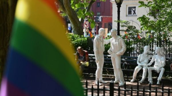 Le monument national en hommage aux émeutes de Stonewall, dans le quartier new-yorkais de Greenwich Village, le 4 juin 2019 Le monument national en hommage aux émeutes de Stonewall, dans le quartier new-yorkais de Greenwich Village, le 4 juin 2019
