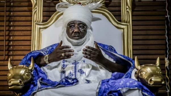 Mohammed Abubakar Bambado, roi peul et patron des dockers de Lagos, assis sur son trône dans son palace dans un quartier de Lagos, au Nigeria, le 28 avril 2019 Mohammed Abubakar Bambado, roi peul et patron des dockers de Lagos, assis sur son trône dans son palace dans un quartier de Lagos, au Nigeria, le 28 avril 2019