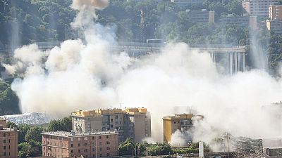 Controlled explosions demolish remains of collapsed Italy bridge Controlled explosions demolish remains of collapsed Italy bridge
