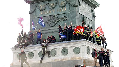 French police teargas protesting firefighters in Paris French police teargas protesting firefighters in Paris