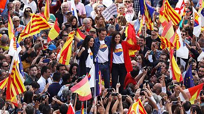 Anti-separatists rally in Barcelona after pro-independence unrest Anti-separatists rally in Barcelona after pro-independence unrest