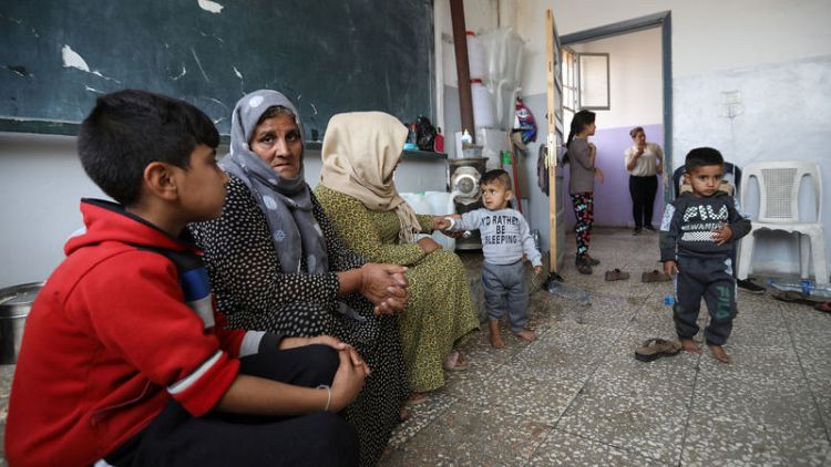 Kurdish families stuck in crowded schools after fleeing north Syria conflict