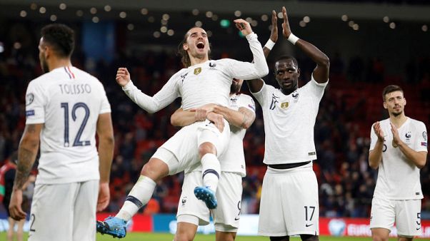 France celebrate 2-0 win in Albania's new stadium France celebrate 2-0 win in Albania's new stadium