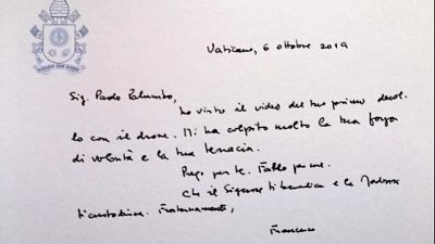 Il Papa scrive a giovane malato di Sla Il Papa scrive a giovane malato di Sla