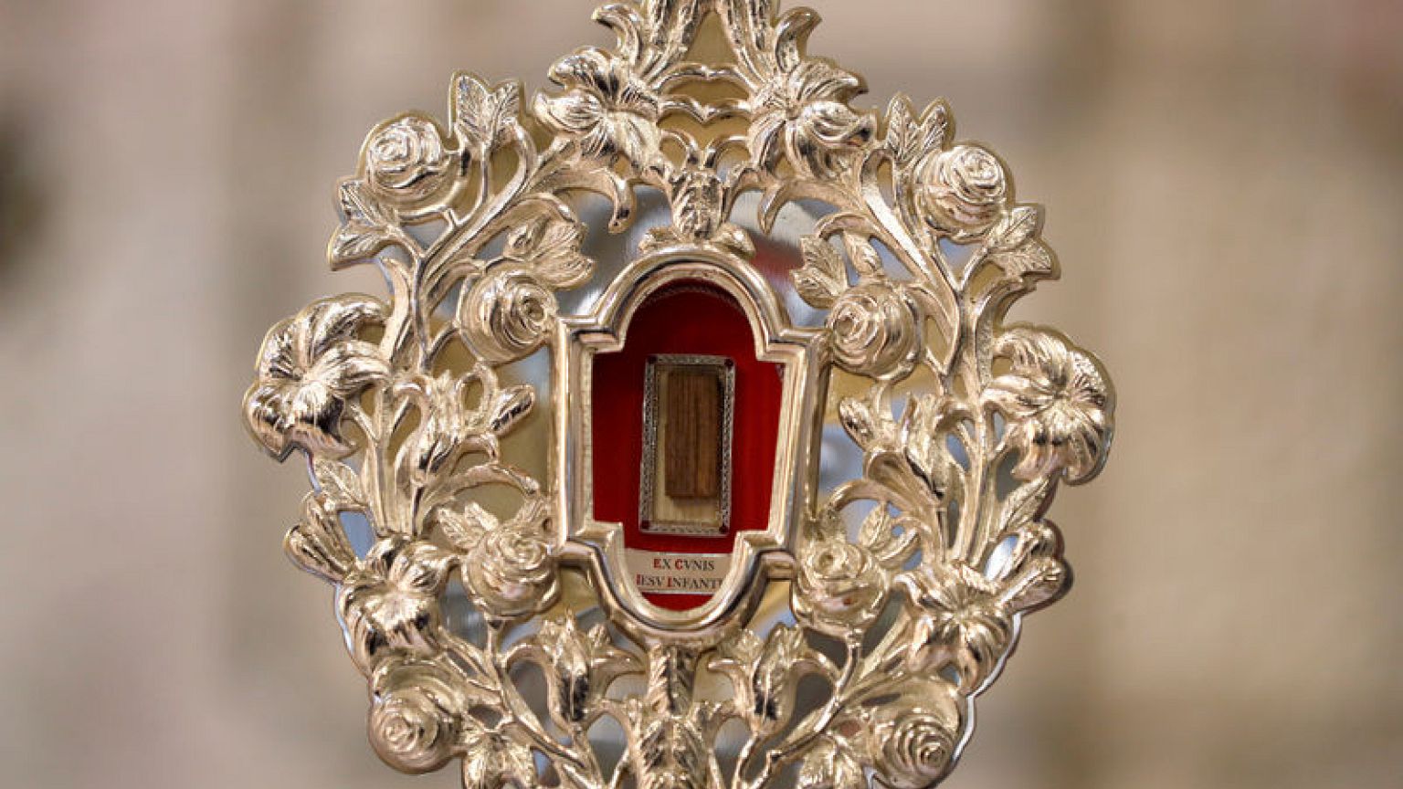 Wooden relic of Jesus manger on pre-Christmas display in Jerusalem