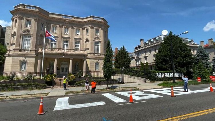 'Cuba Libre' message painted outside Cuba's U.S. embassy in Washington