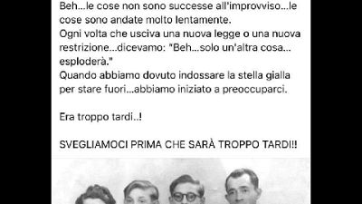 Il paragone su Fb, 'svegliamoci prima che sia troppo tardi'