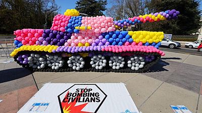 Balloon tank parked outside U.N. to protest Ukraine, other bombings