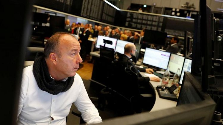 European shares rise on bets of easing rate hikes; Direct Line plunges